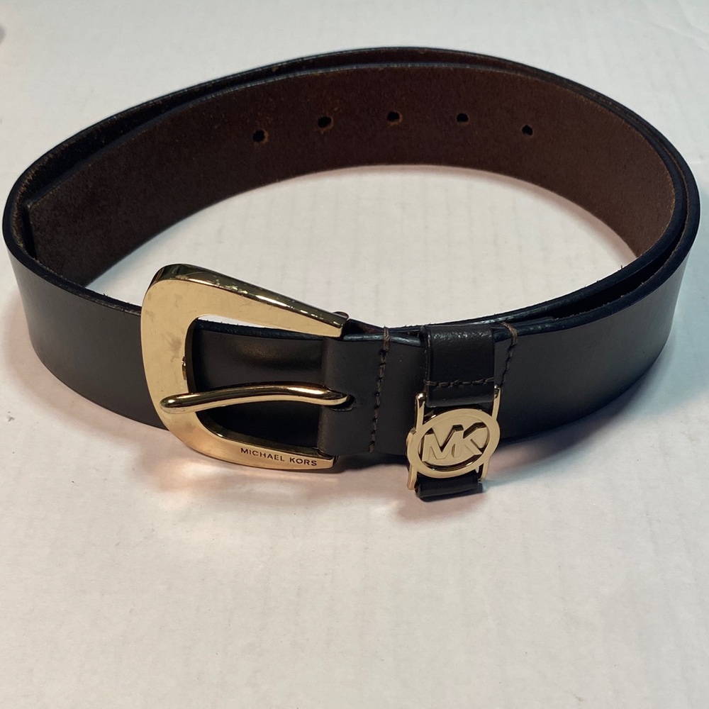 Michael Kors Logo Chocolate Leather Belt with Gold Buckle